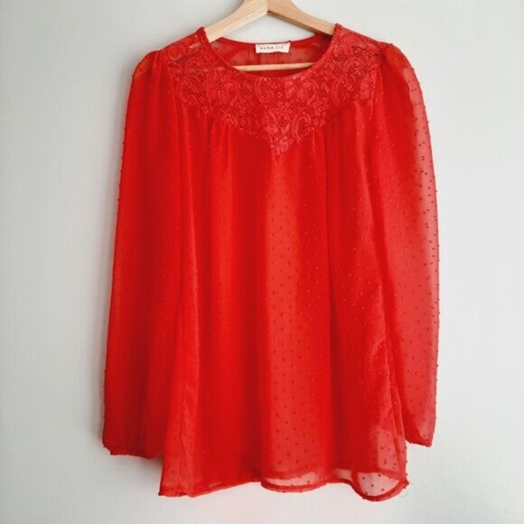 NUNA LIE Swiss Dot & Lace Semi-Sheer Lightweight Blouse Top Coal Red Sz S - Picture 12 of 12